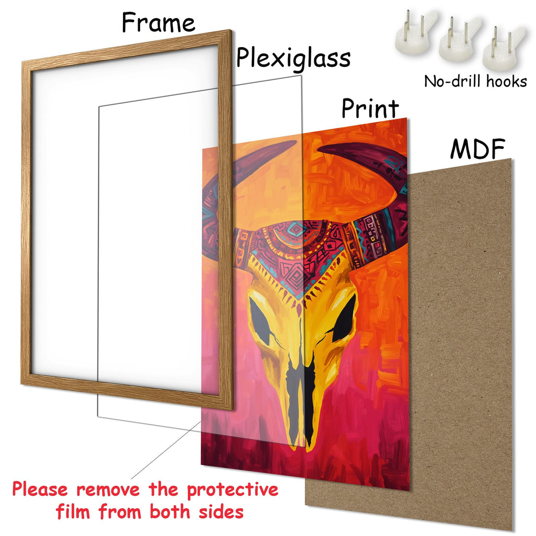 Framed Poster featuring a vibrant bull skull art print in warm orange and red hues. Perfect wall decor!