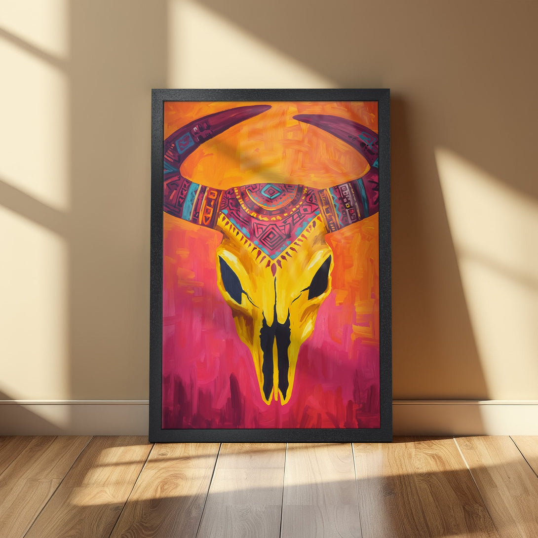 Framed Poster featuring a vibrant bull skull painting in a colorful, abstract style. Bold orange, pink, and yellow palette.
