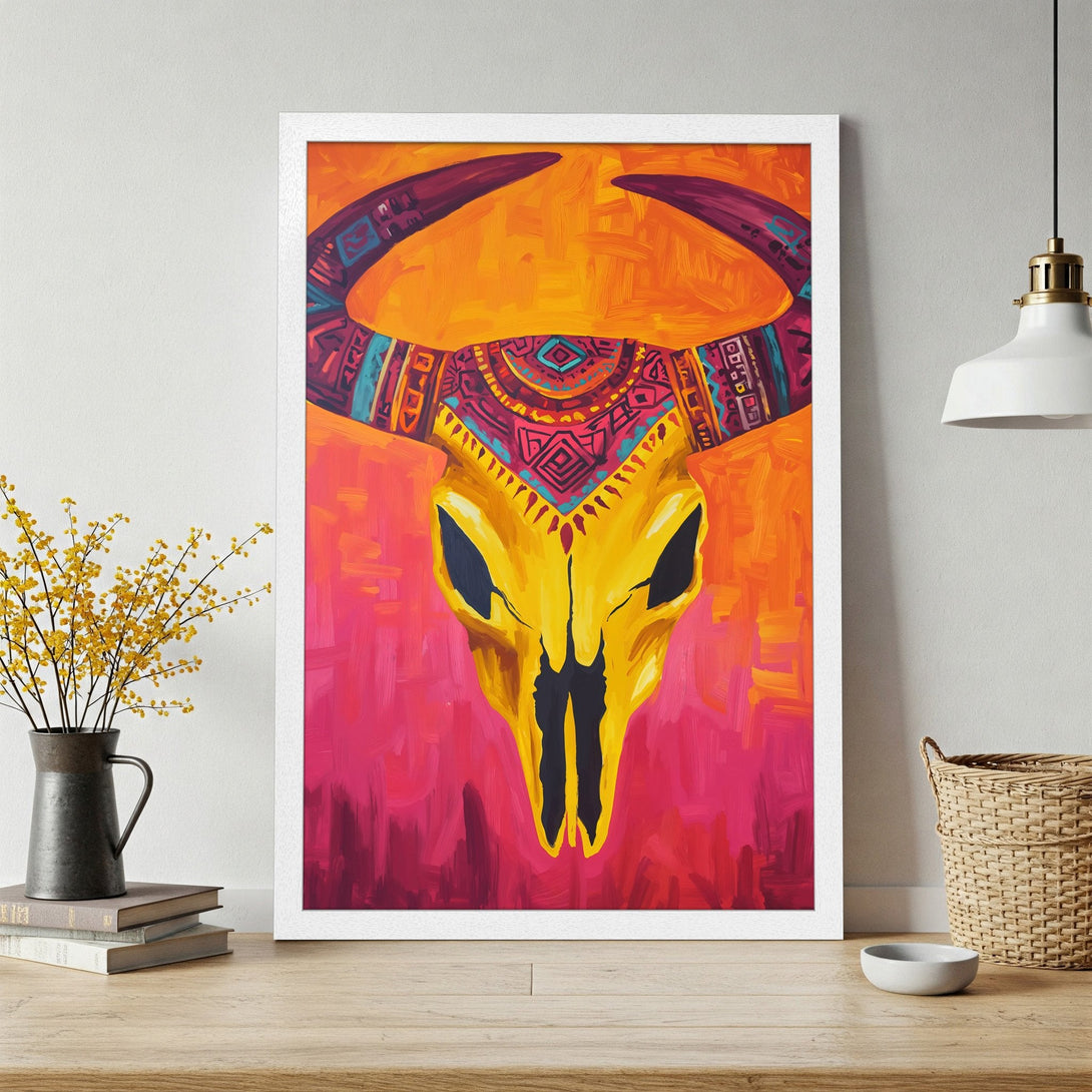 Framed Poster featuring a vibrant, abstract bull skull artwork. Bold colors: yellow, orange, pink, and teal. Perfect for modern decor.