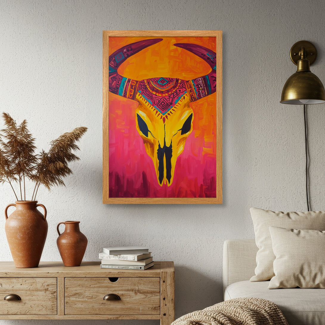 Framed Poster featuring a vibrant, tribal-style bull skull in a warm color palette of yellow, orange, and pink. Perfect wall art!
