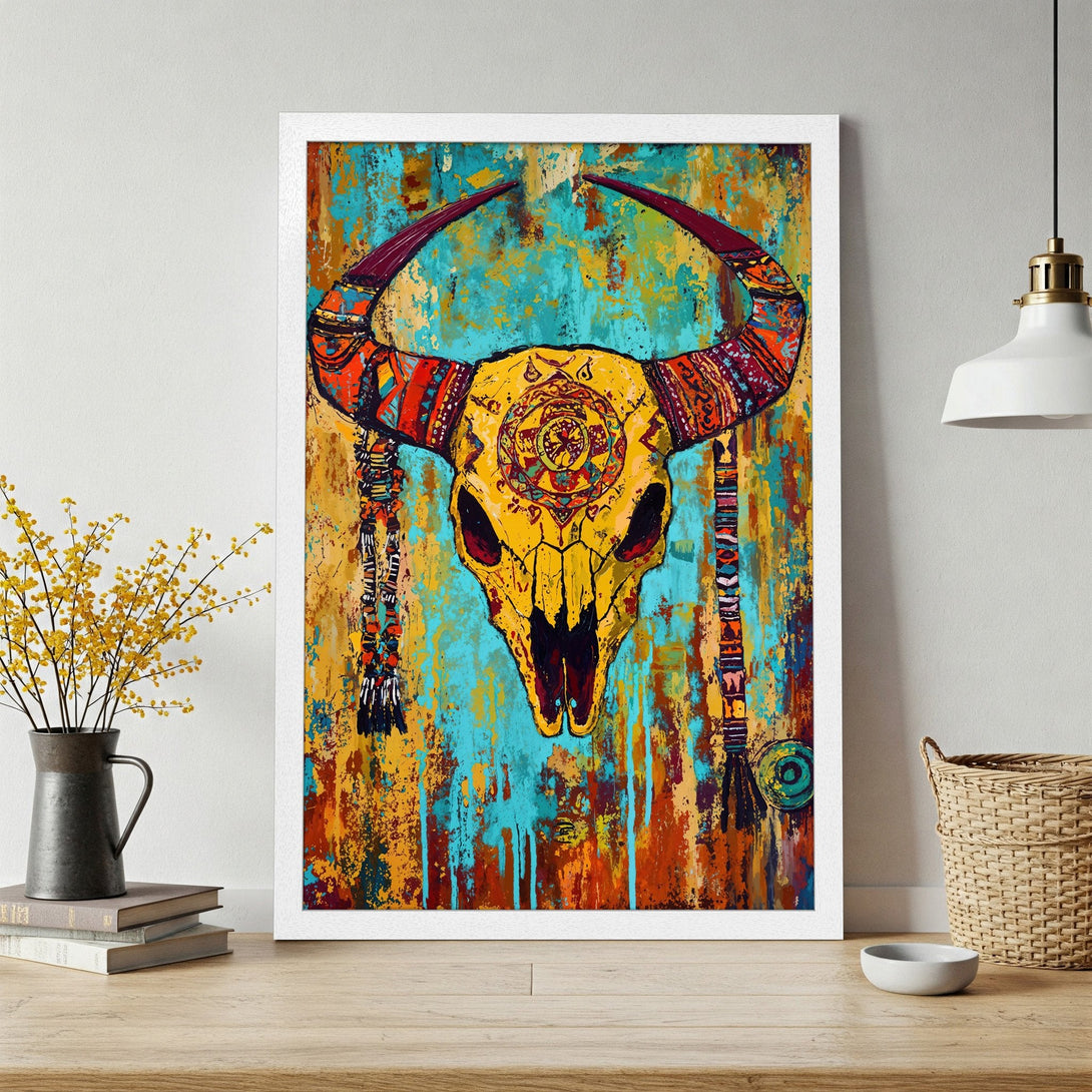 Framed Poster featuring a vibrant, abstract bull skull in a colorful palette of yellow, turquoise, and orange. Perfect wall art!