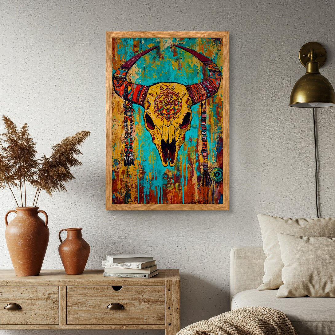 Framed Poster featuring a vibrant bull skull in a colorful, bohemian style. Earthy tones with pops of turquoise and red. Perfect wall art!