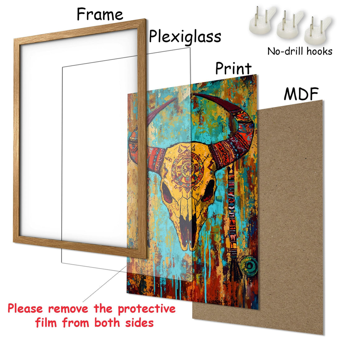 Framed Poster featuring a colorful bull skull art print. Rustic style with a vibrant turquoise, orange, and yellow palette. Ready to hang!