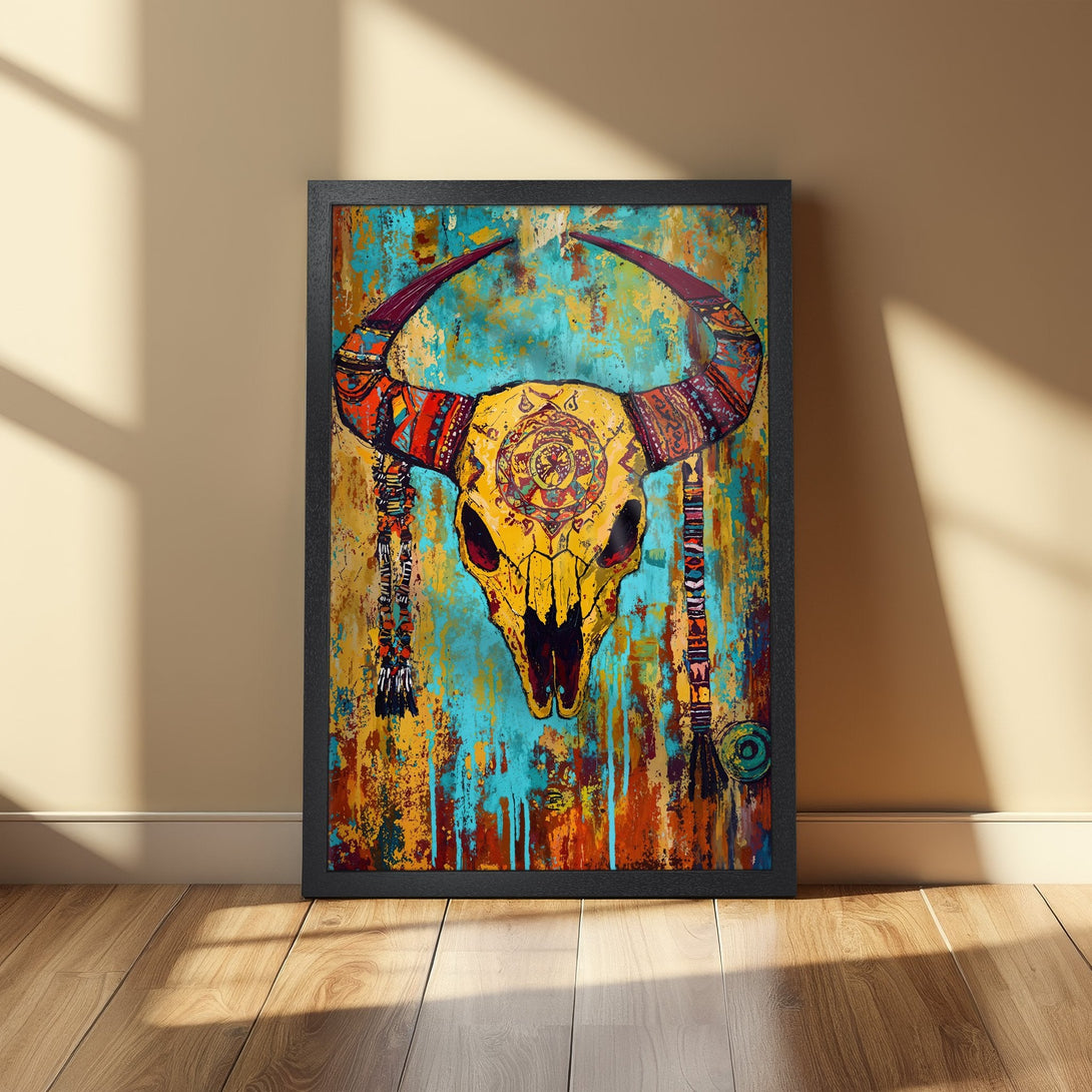 Framed Poster featuring a vibrant bull skull artwork in a colorful, bohemian style with a yellow, turquoise, and orange palette. Perfect wall decor!