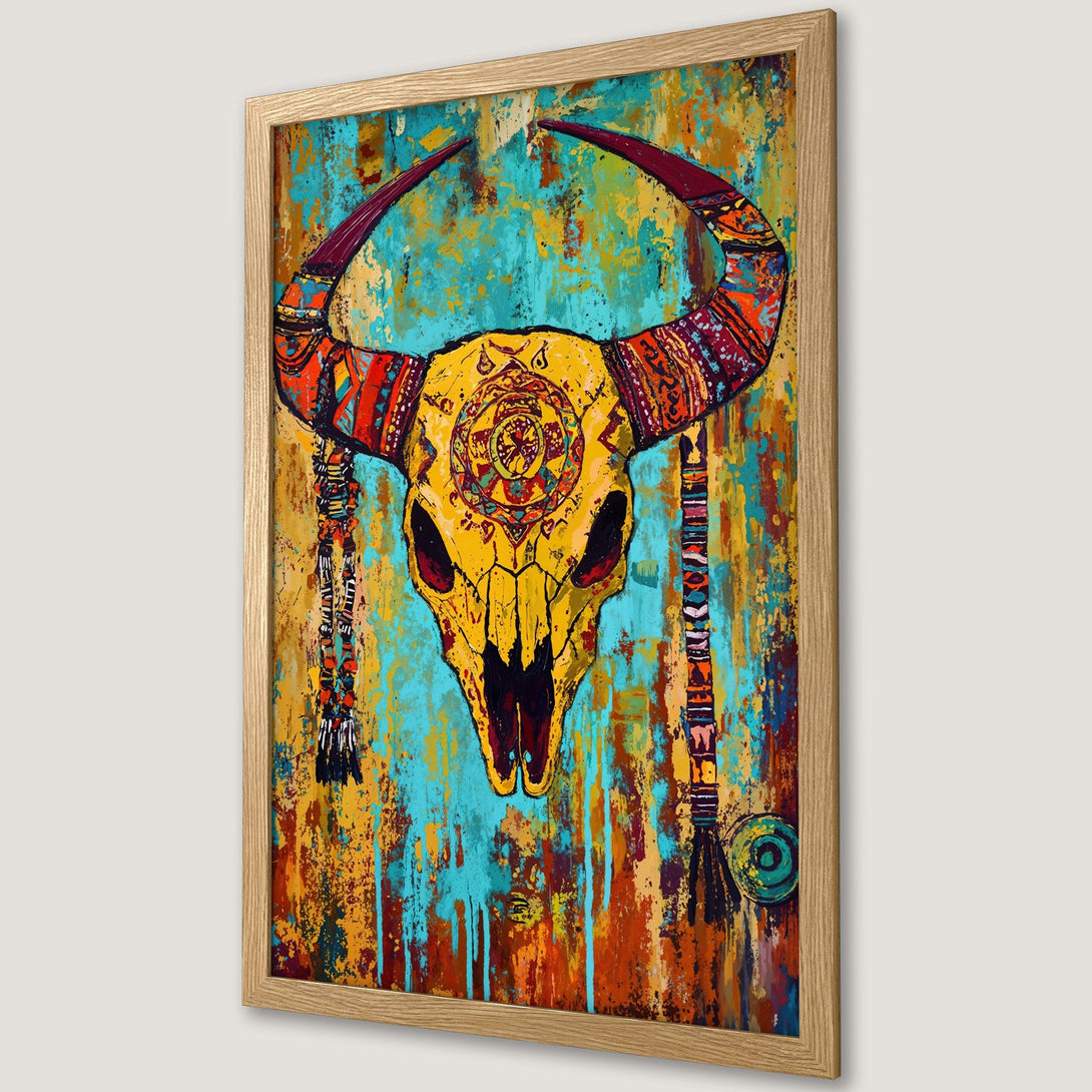 Framed Poster featuring a vibrant bull skull art print. Bold, colorful abstract style with a turquoise, yellow, and orange palette. Perfect wall decor.