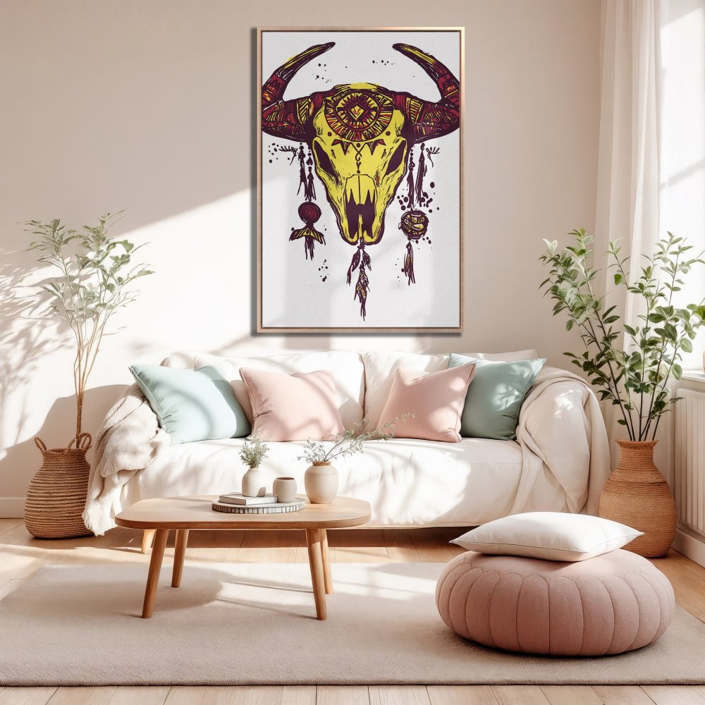 Framed Wall Art: Boho bull skull in yellow & red, adding a stylish touch to any living room. Shop our canvas prints today!
