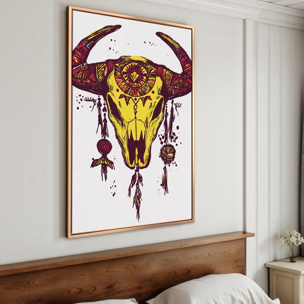 Framed Wall Art: Tribal bull skull canvas print in yellow, red, and purple. Perfect boho wall decor for your bedroom or living room.