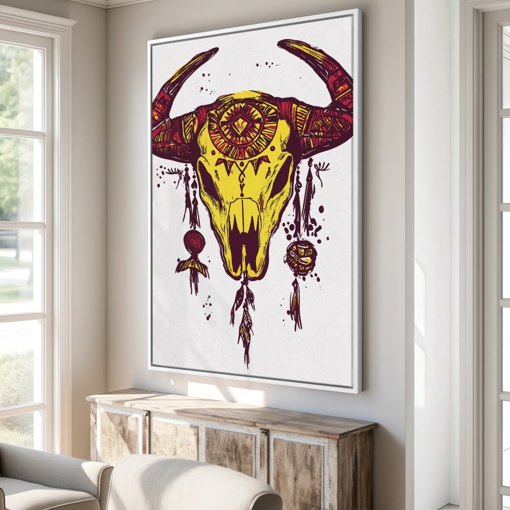 Framed Wall Art: Boho bull skull canvas print in yellow, red, and brown. Perfect for adding a touch of rustic charm to your home decor.