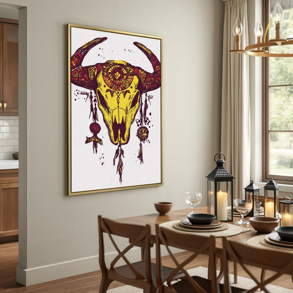 Canvas Print of a yellow bull skull with tribal details. Boho style wall art with a warm color palette.