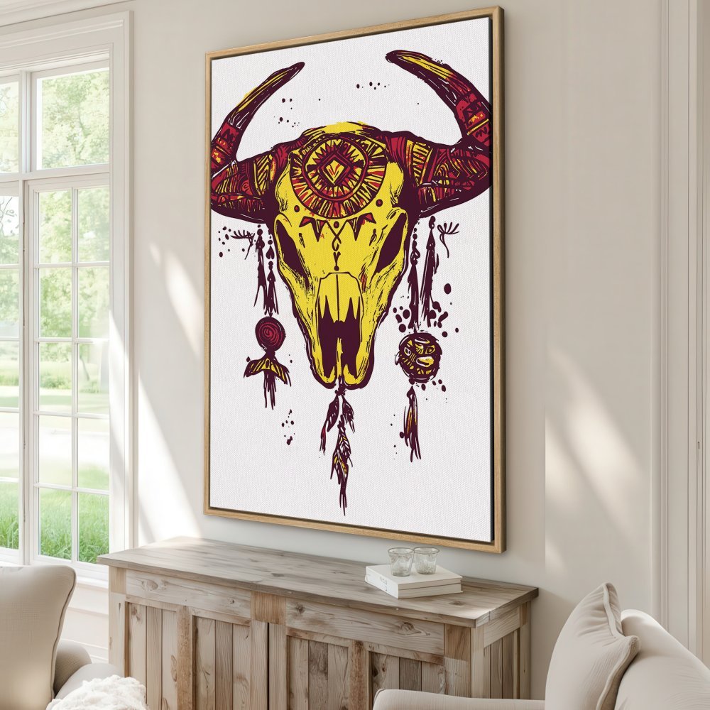 Canvas Print featuring a vibrant bull skull design in yellow, red, and white. Boho-chic style wall art for your home.