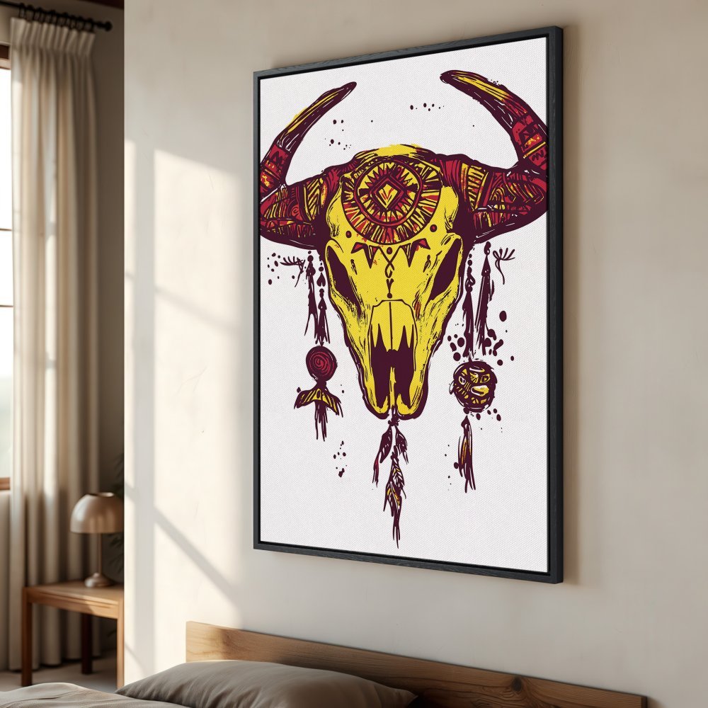 Framed Wall Art: Tribal bull skull canvas print in yellow and red, adding a unique touch to your home decor.