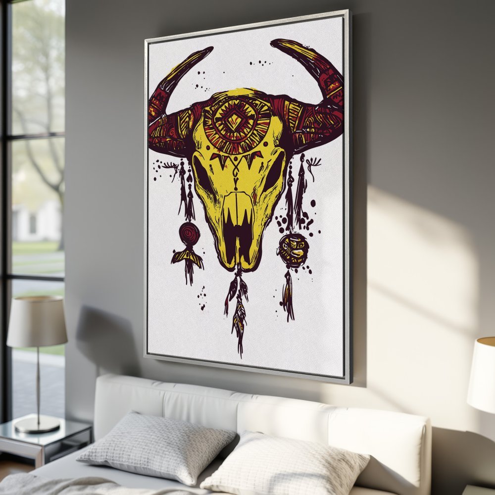 Framed Wall Art: Tribal bull skull illustration in yellow, red, and brown tones. Boho style canvas print perfect for bedroom decor.