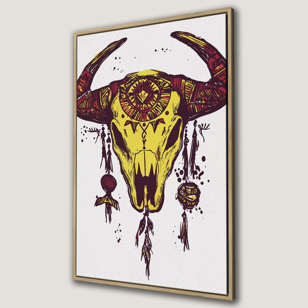 Framed Wall Art: Tribal bull skull canvas print in yellow, red, and brown. Boho style art perfect for any room.