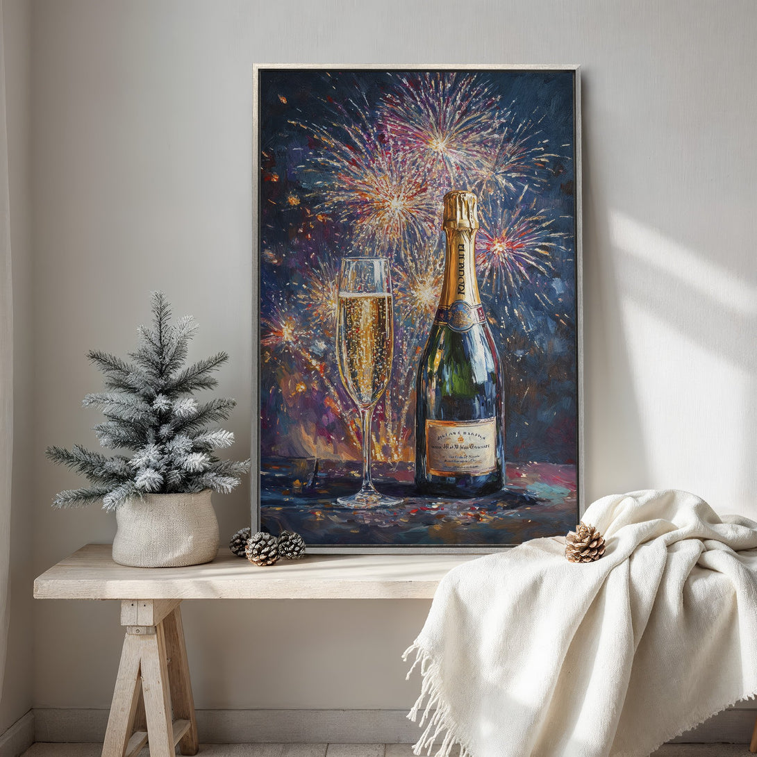 Framed Wall Art: Champagne & fireworks painting. Celebrate in style with this vibrant artwork. Features a dark blue & gold color palette, perfect for holiday decor.