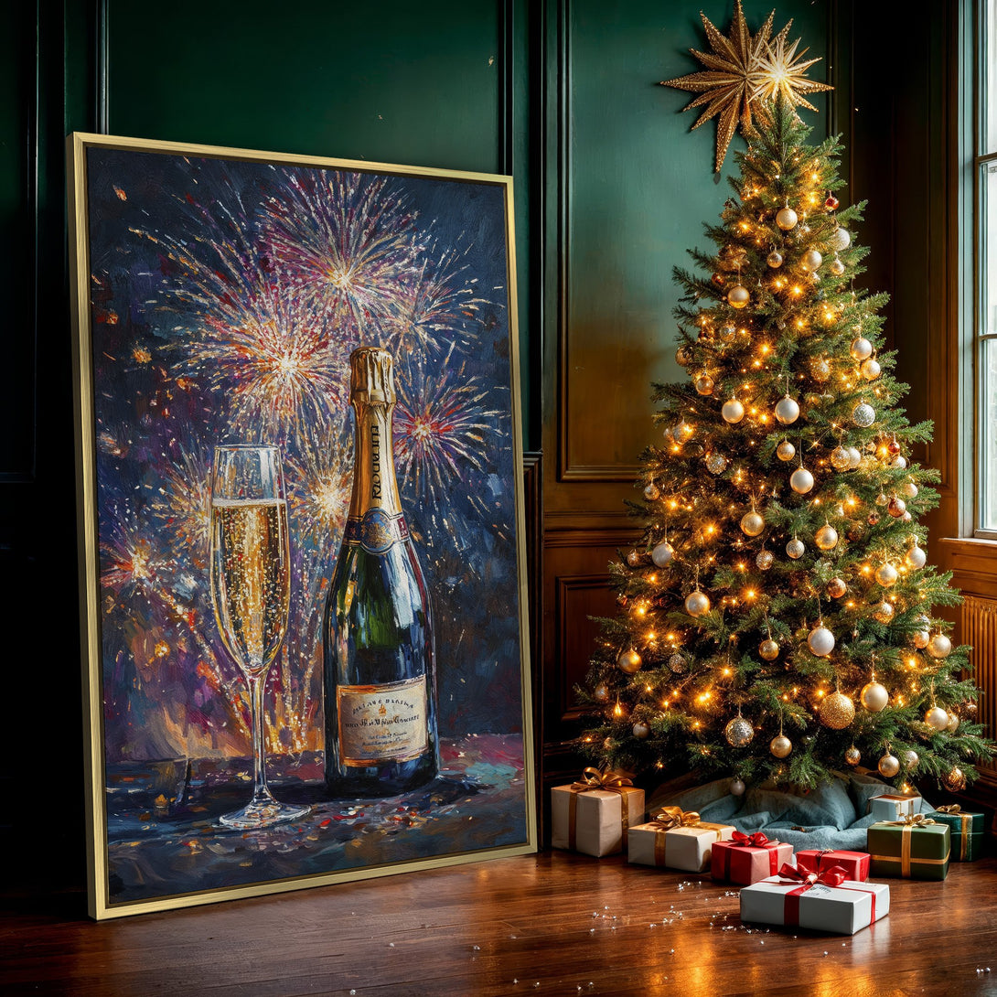 Canvas Print of champagne bottle and glass with fireworks, impressionist style, rich blue and gold color palette. Perfect wall art for celebrations!