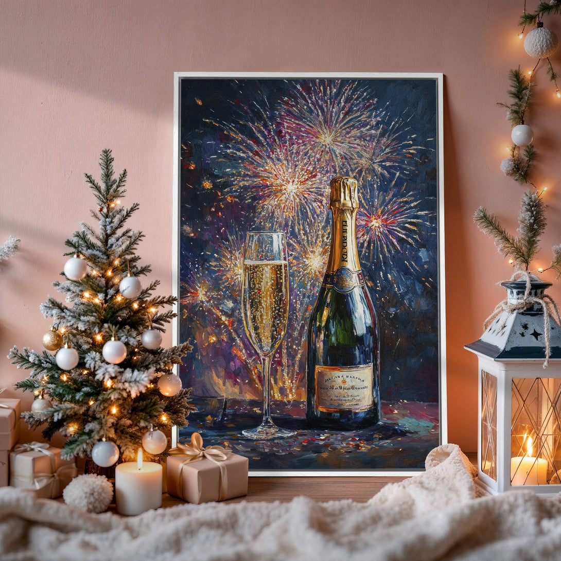 Framed Wall Art: Festive painting of champagne and fireworks, rich blues and golds. Perfect for holiday decor! Add a touch of celebration to your home.