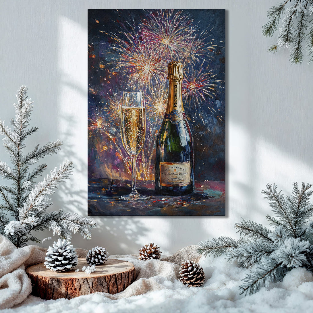 Framed Wall Art: Champagne toast painting with fireworks, warm colors, and a festive Christmas theme. Perfect holiday decor!