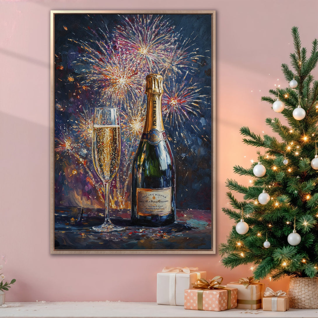 Framed Wall Art: Festive champagne painting with fireworks, rich blue, gold, and red color palette. Perfect holiday decor for a touch of elegance.