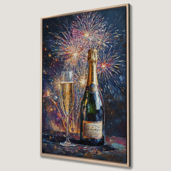 Framed Wall Art: Champagne bottle and glass with fireworks in a vibrant, impressionistic style. Rich blues, golds, and reds create a celebratory mood.