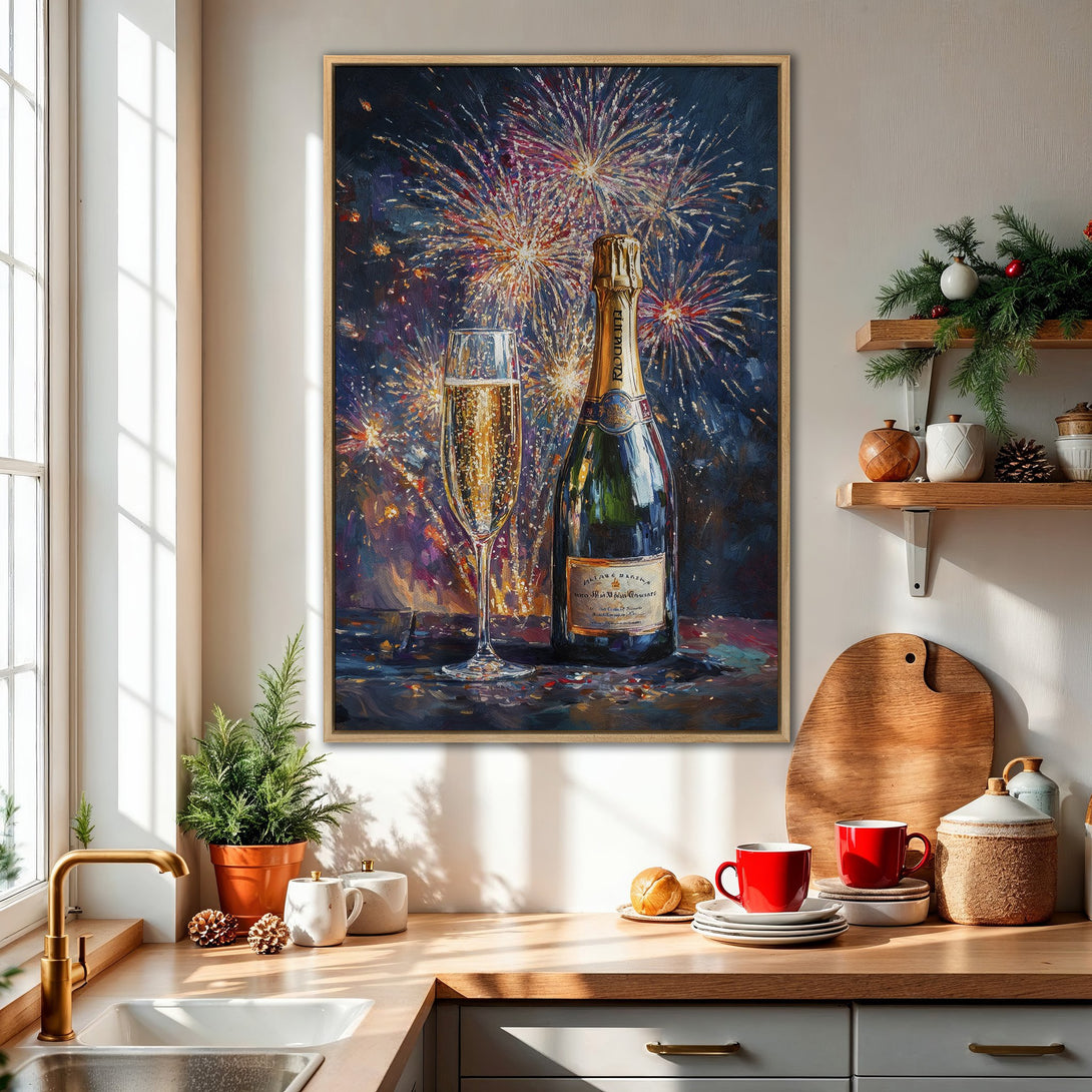 Framed Wall Art: Champagne bottle & fireworks painting in a kitchen. Rich, dark color palette with gold accents. Perfect for holiday decor.