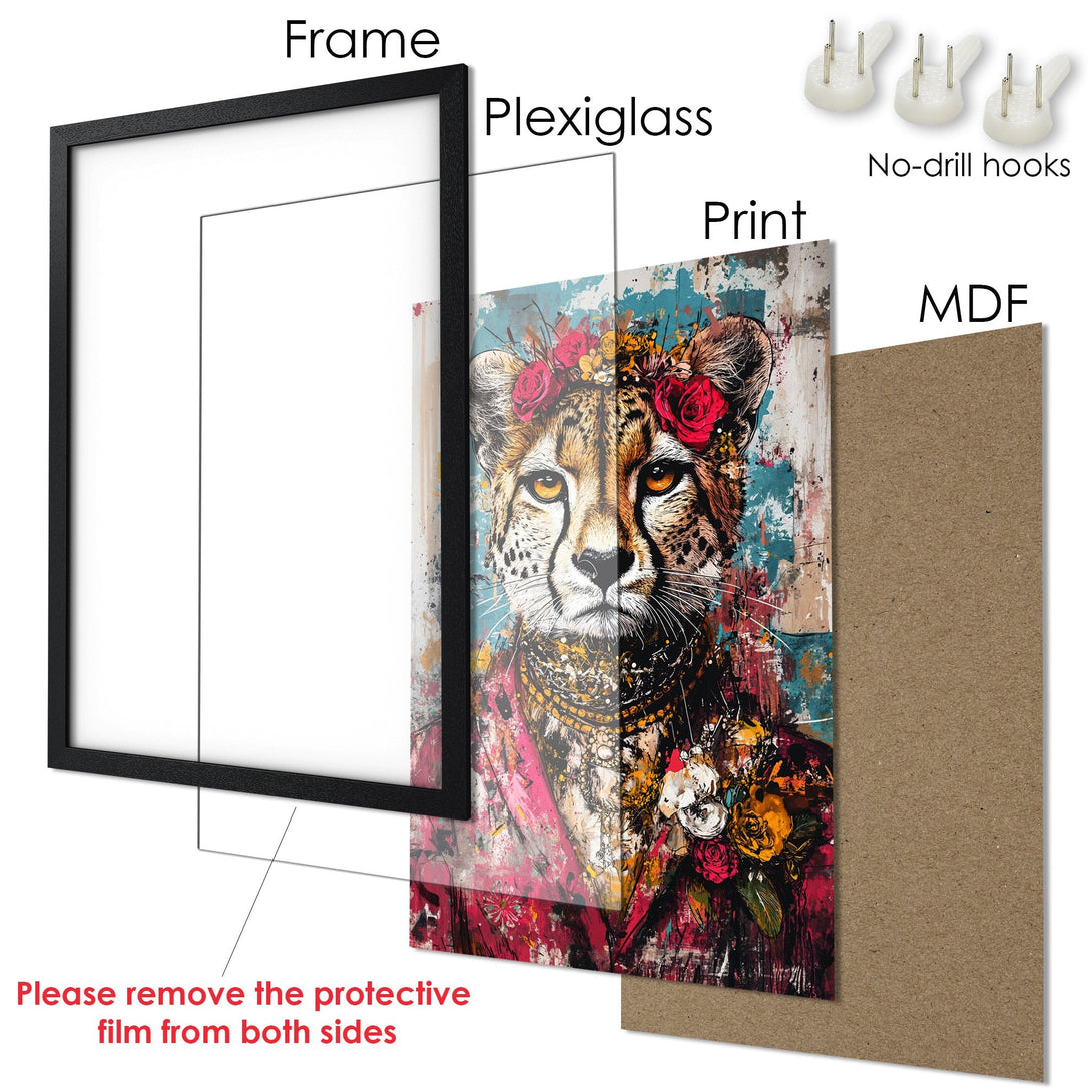 Framed Poster: Cheetah art print with vibrant colors and floral details. Perfect wall decor for a modern home.