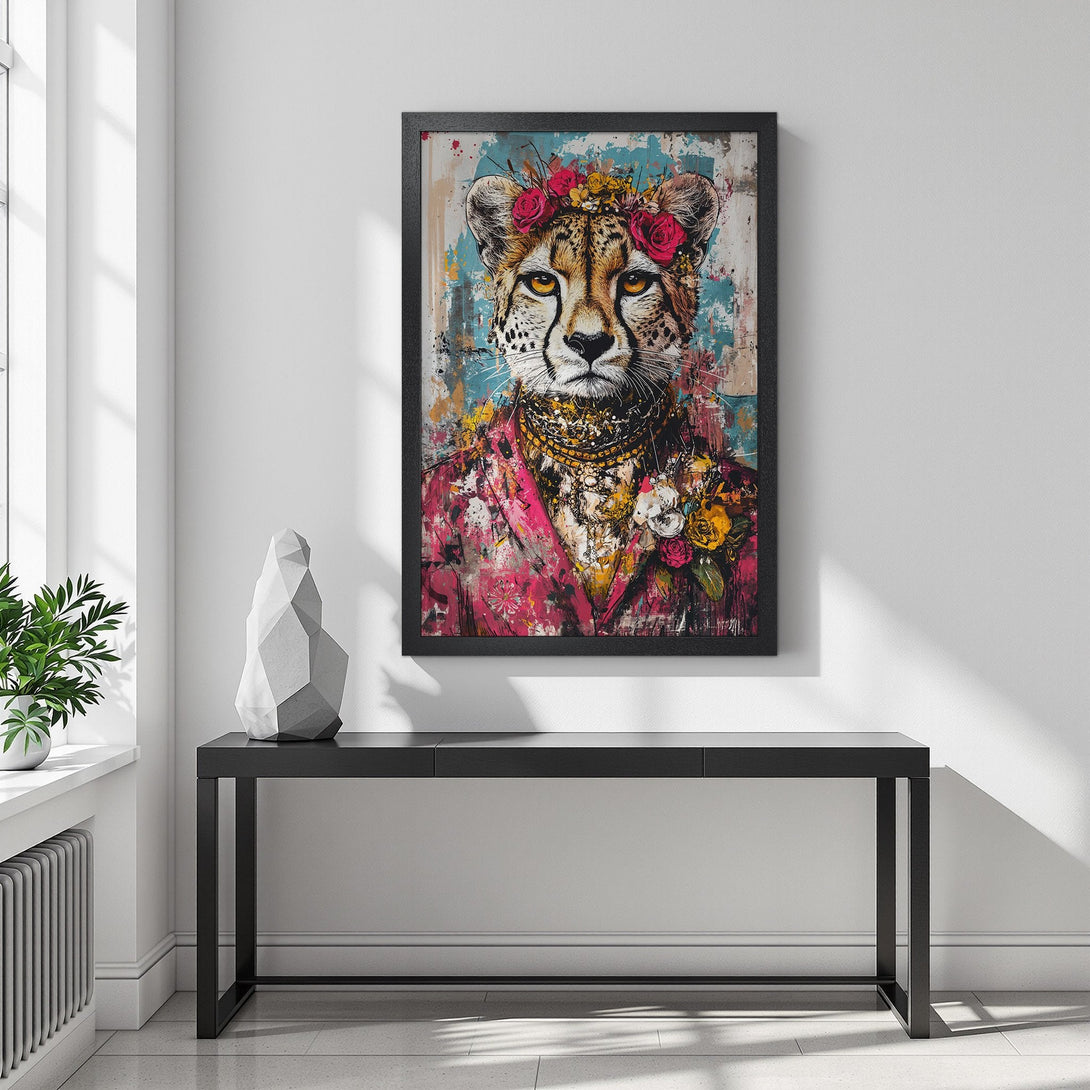 Framed Poster featuring a cheetah with a floral crown, vibrant pink and teal color palette, and an artistic, modern style.