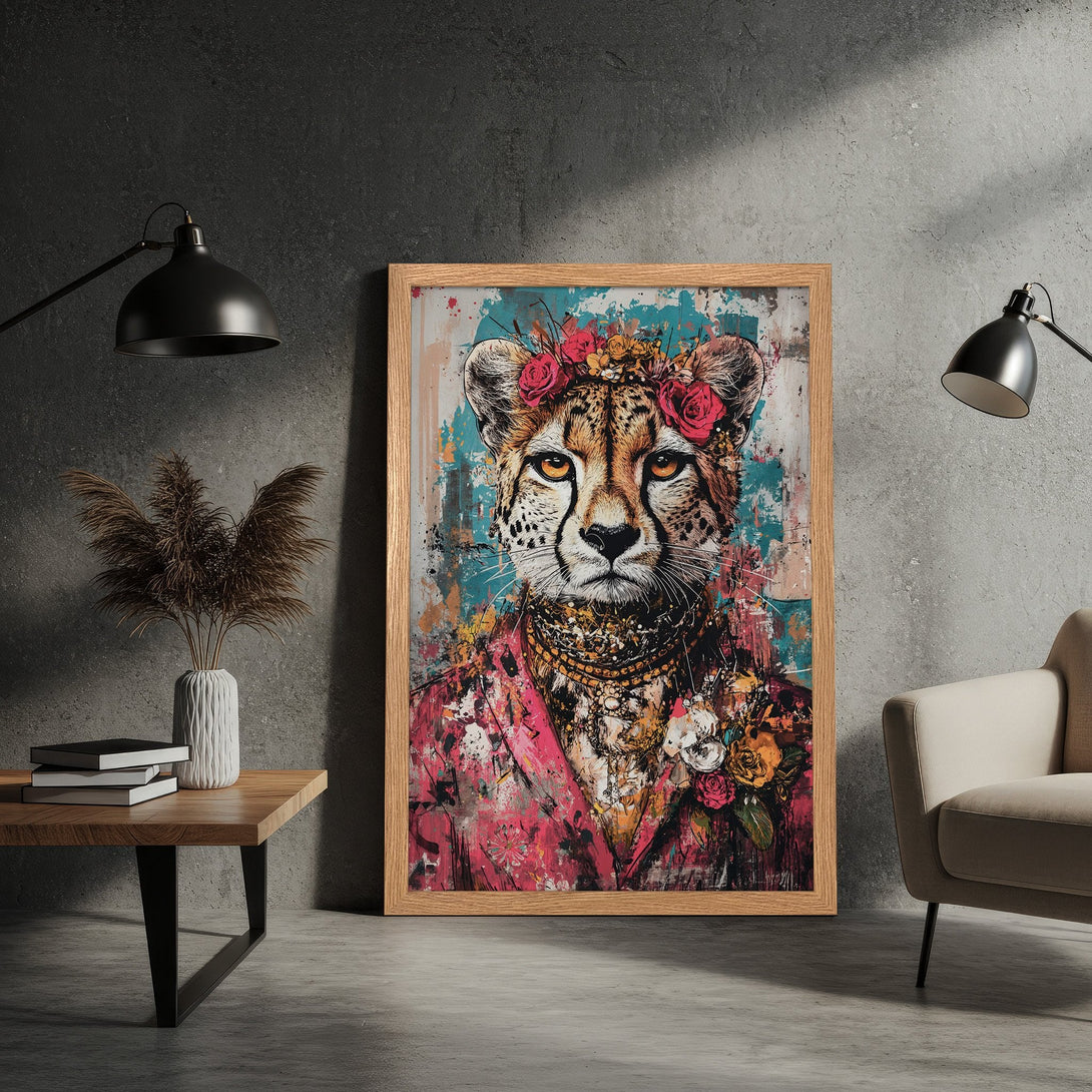 Framed Poster featuring a cheetah in a floral crown, vibrant abstract style, with a pink, teal, and gold color palette. Perfect wall art!