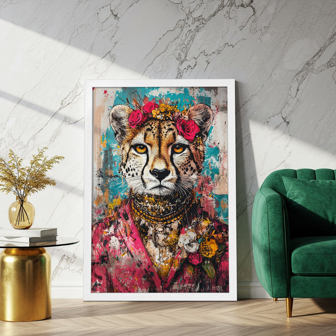 Framed Poster featuring a cheetah portrait in vibrant, abstract style with a pink, turquoise, and gold color palette. Add a touch of wild elegance!