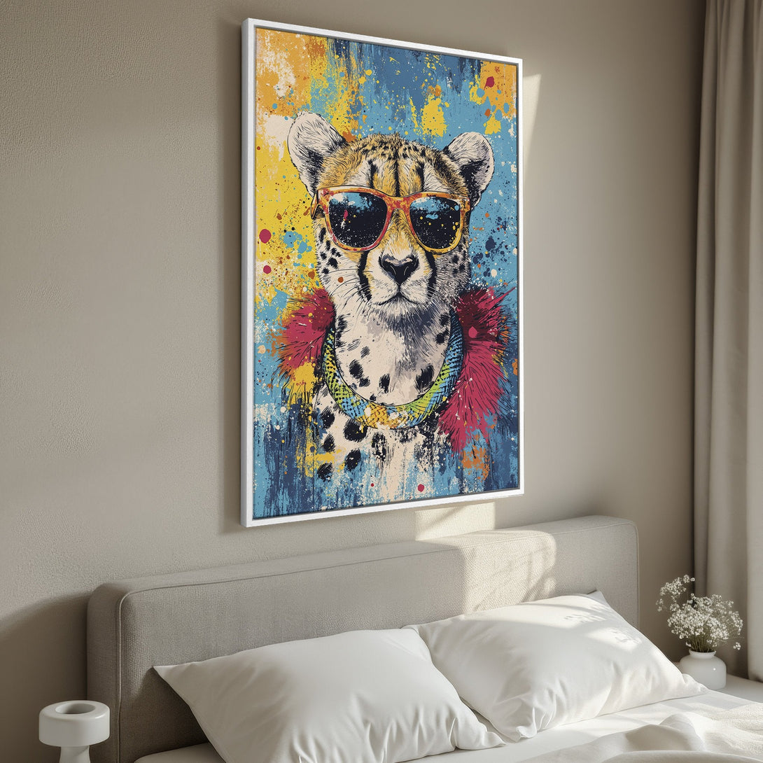 Framed Wall Art: Cool cheetah portrait with sunglasses, vibrant blue, yellow, and red abstract background. Modern animal art for your home decor.