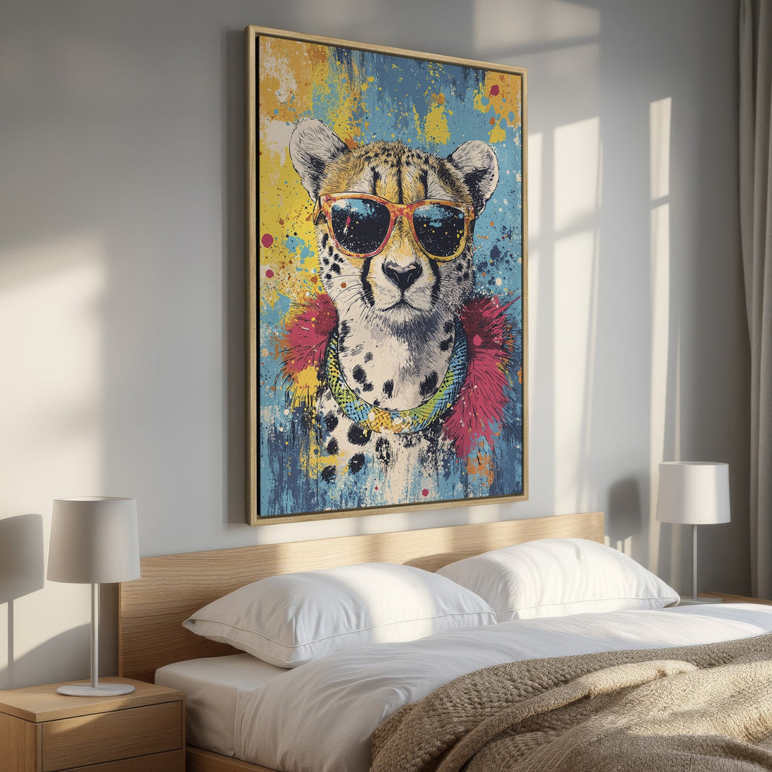Framed Wall Art: Cool cheetah portrait with sunglasses, vibrant blue, yellow, and pink abstract background. Modern art for bedroom decor.