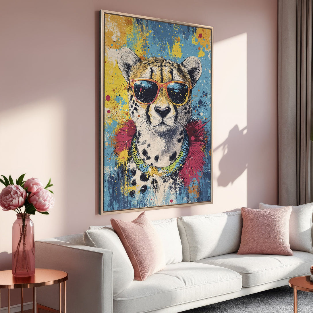 Framed Wall Art: Cool cheetah portrait with sunglasses in vibrant blue, yellow, and pink hues. Modern art to elevate your home decor.