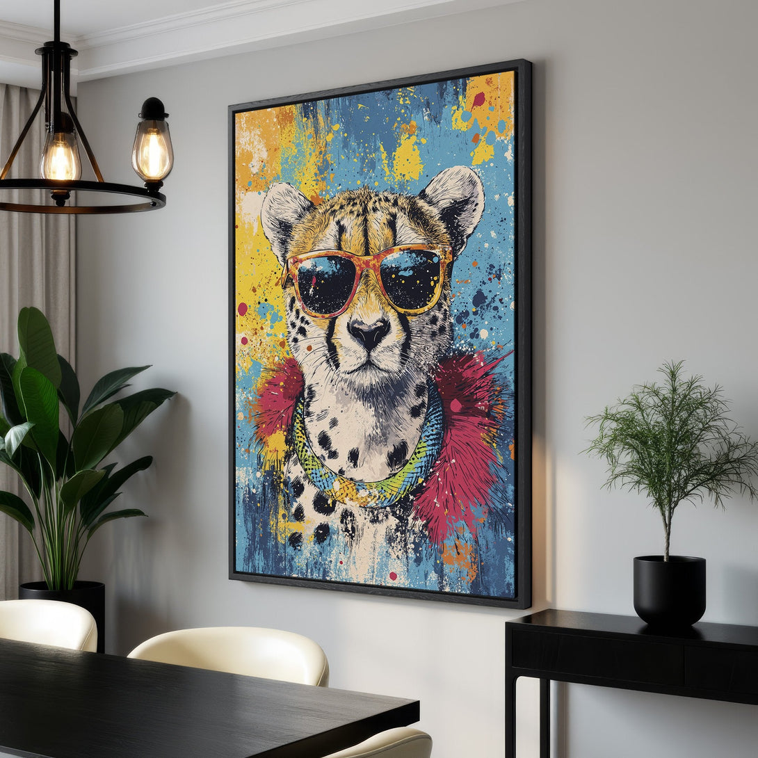 Framed Wall Art: Cool cheetah in sunglasses, vibrant pop art style. Colorful blue, yellow, and pink palette. Perfect for a modern interior.