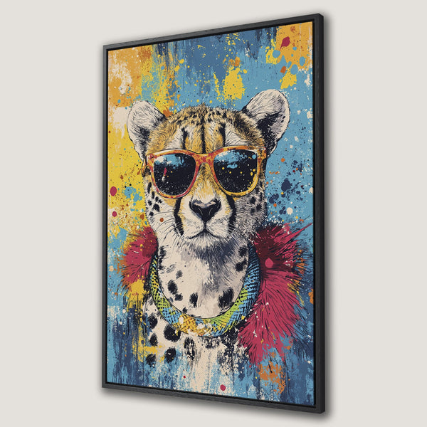 Framed Wall Art: Cool cheetah wearing sunglasses. Pop art style with vibrant blue, yellow, and pink color palette. Perfect for modern home decor.