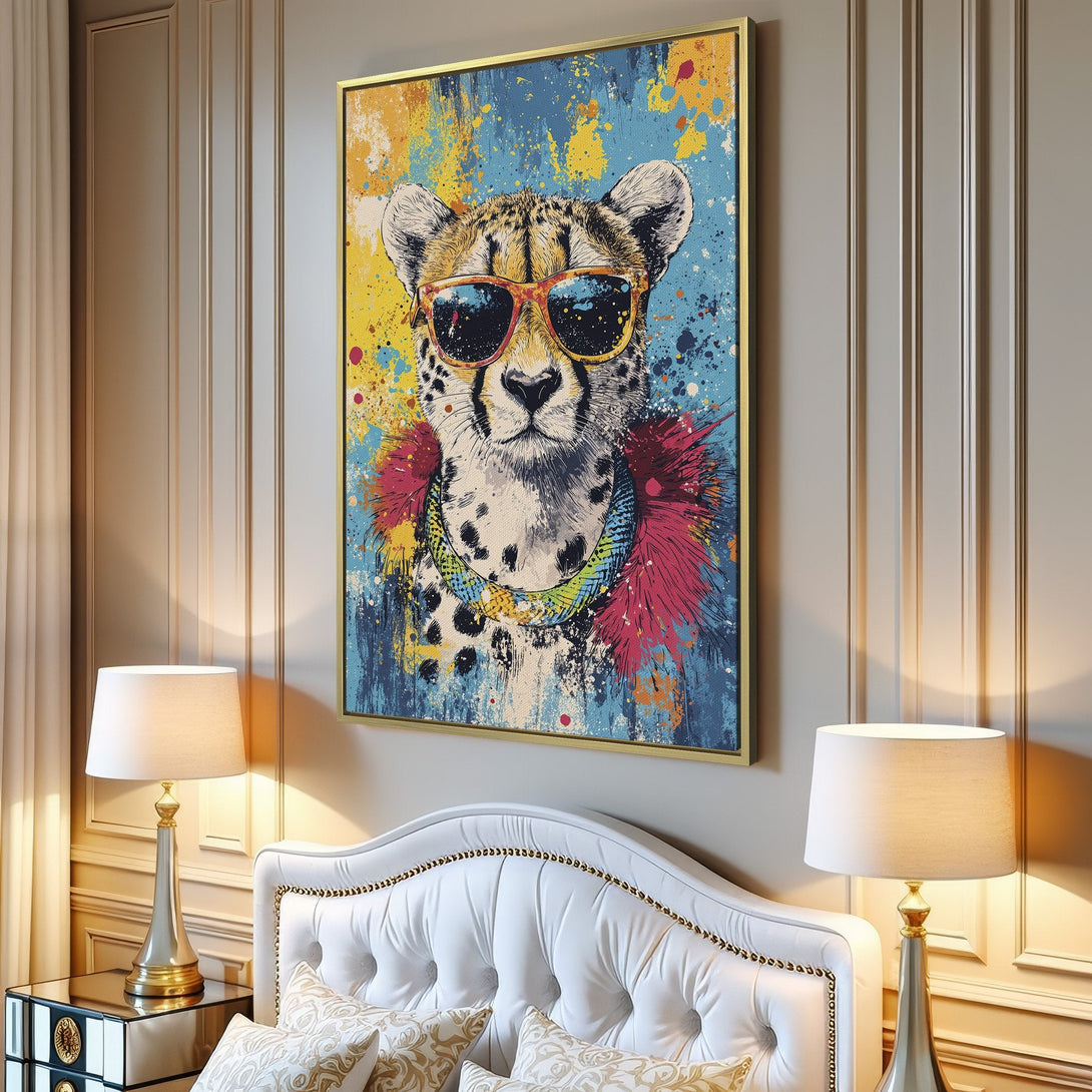 Canvas Print featuring a cool cheetah wearing sunglasses, vibrant pop art style with blue, yellow, and pink color palette. Perfect wall art for your home!