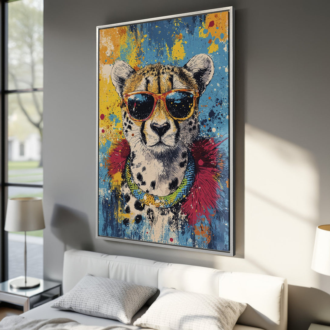 Framed Wall Art: Hip cheetah portrait in vibrant blue, yellow, and red abstract style. Modern art for home decor. Canvas Print for stylish interiors.