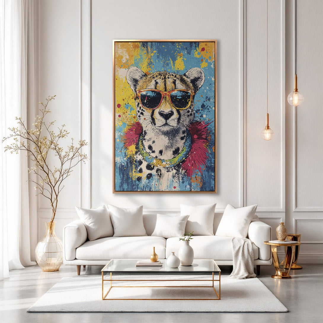 Framed Wall Art: Cool cheetah portrait with sunglasses. Pop art style, vibrant blue, yellow, and pink color palette. Perfect for modern home decor.