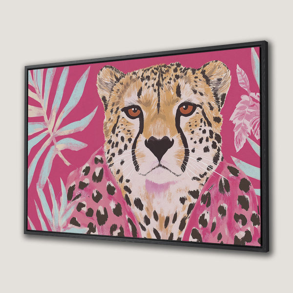 Framed Wall Art: Stylish cheetah portrait in vibrant pink and teal. Modern canvas print adds a pop of color and personality to any space. Shop now!