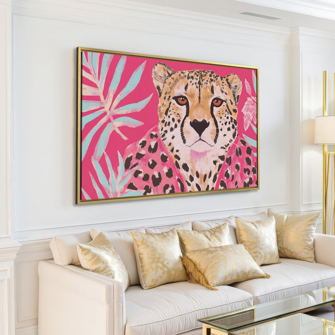 Canvas Print featuring a vibrant cheetah portrait with a pink and teal tropical background. Modern wall art for a stylish home.
