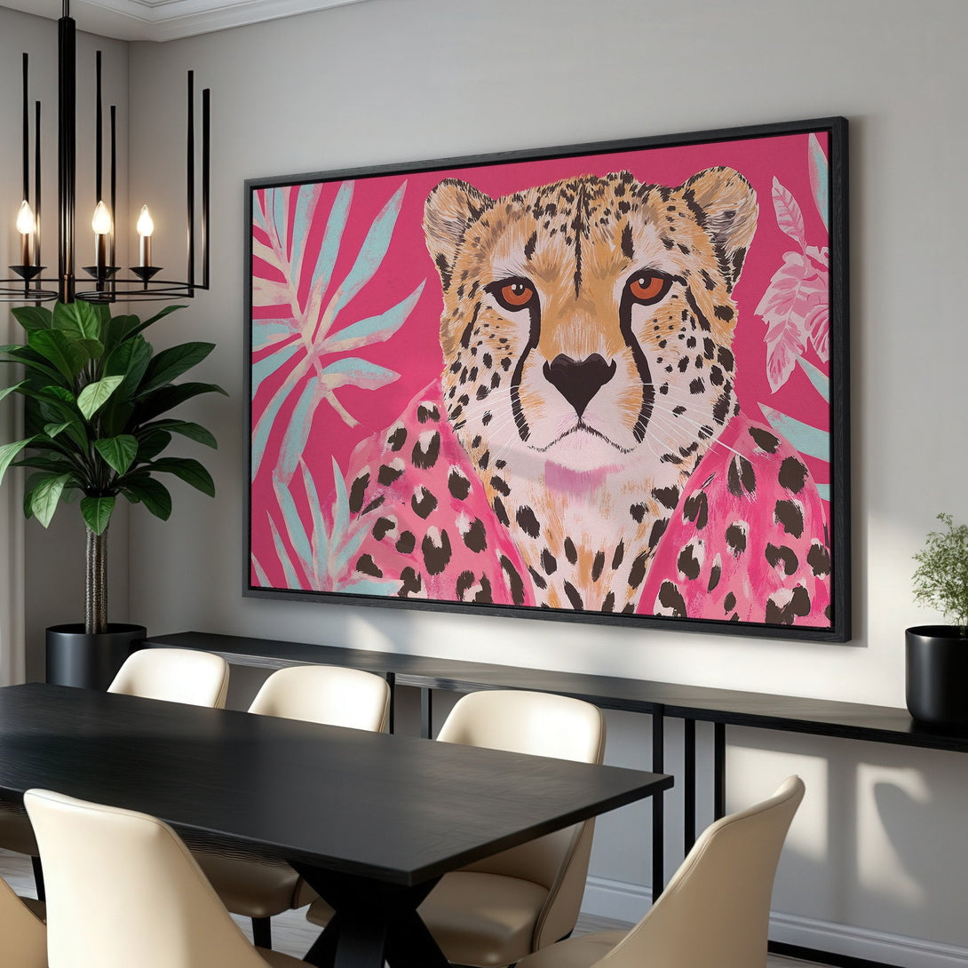 Framed Wall Art featuring a cheetah in a bold, pop art style. Vibrant pink and teal color palette adds a touch of wild elegance to any space.