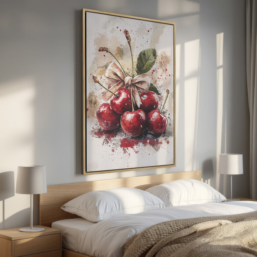 Framed Wall Art: Watercolor painting of ripe cherries with a bow, in a bedroom. Warm red, beige, and green color palette. Perfect for kitchen or dining room decor.