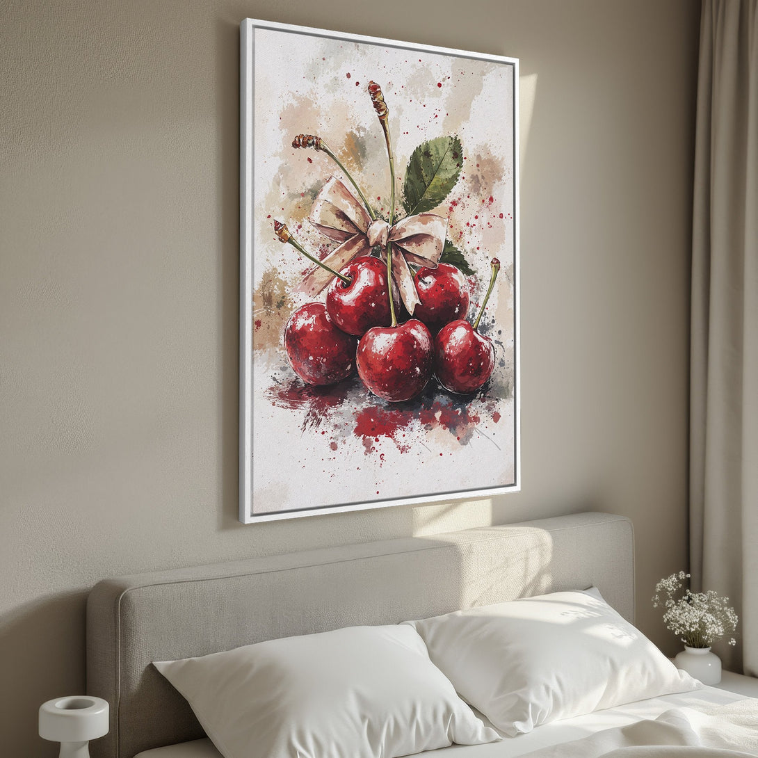 Framed Wall Art featuring a watercolor painting of ripe cherries. Adds a touch of elegance with its warm red and neutral color palette. Perfect for kitchen or bedroom decor.