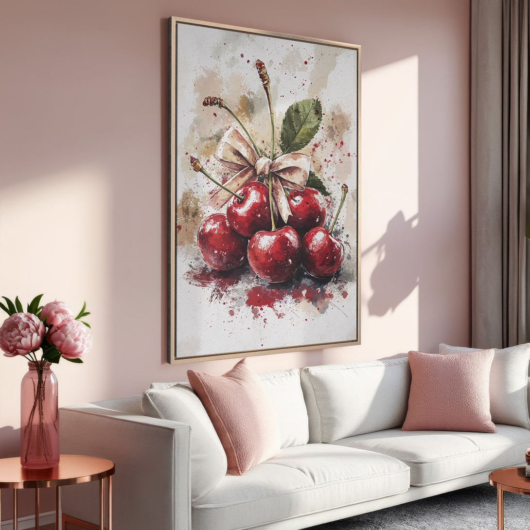 Framed Wall Art: Watercolor cherries in a blush pink interior. Add a touch of elegance with this beautiful canvas print. Soft, warm color palette.