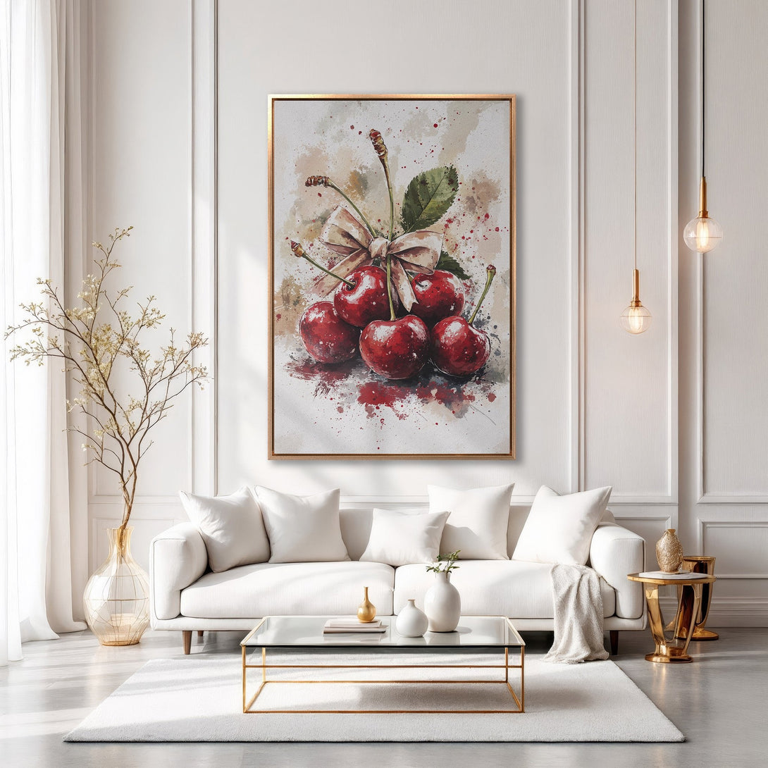 Framed Wall Art featuring watercolor cherries in a modern interior. Red and neutral color palette. Stylish canvas print for your home decor.