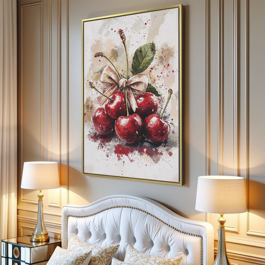 Watercolor Canvas Print of ripe cherries in a modern interior. Features a red and neutral color palette, perfect for kitchen or dining room decor.
