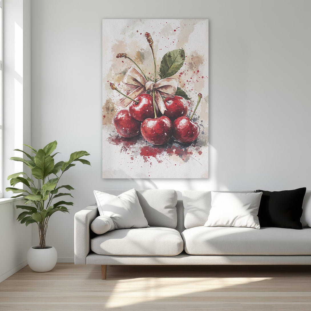 Framed Wall Art: Watercolor cherries in a gold frame. Perfect for kitchen or bedroom decor. Features a red, white, and green color palette.