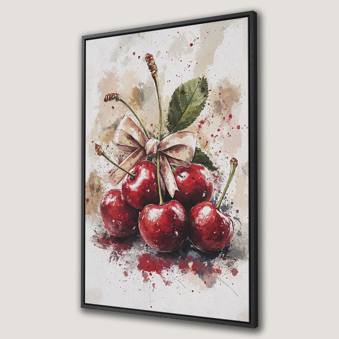 Framed Wall Art featuring a watercolor-style painting of ripe cherries. Red, brown, and beige color palette. Perfect kitchen or dining room decor.