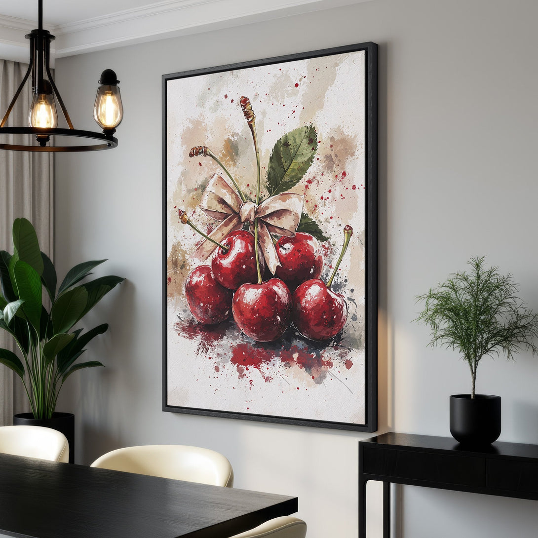 Framed Wall Art featuring a watercolor painting of cherries. Red, green, and neutral tones create a vibrant and elegant piece, perfect for adding a pop of color.