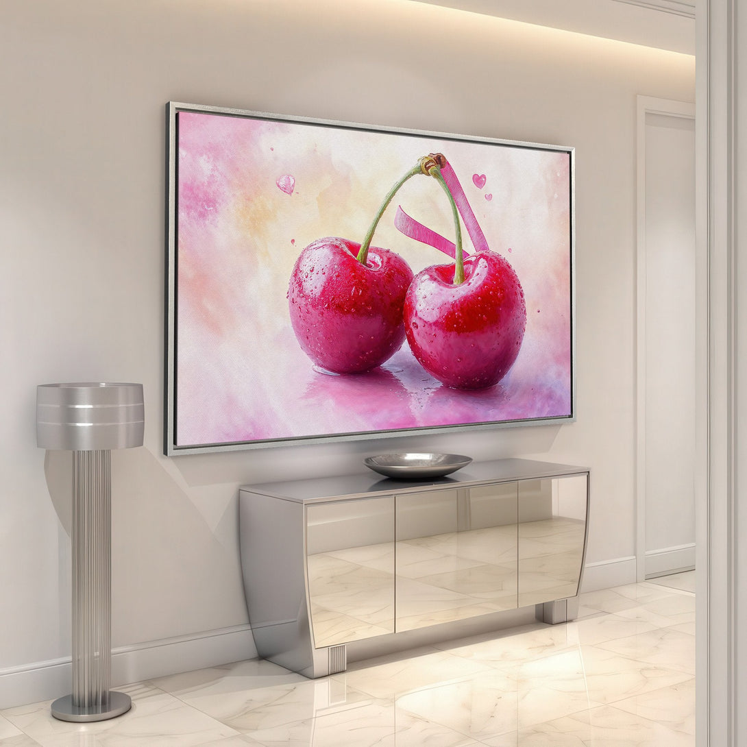 Framed Wall Art featuring a watercolor painting of cherries in a romantic pink color palette, perfect for kitchen or dining room decor.