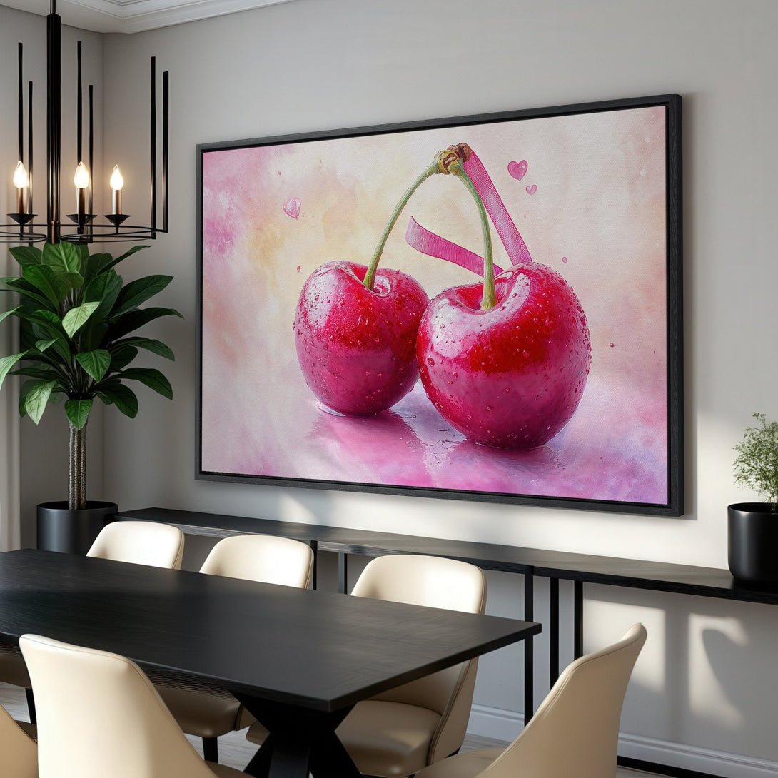 Framed Wall Art featuring vibrant cherries with pink accents. Modern watercolor style, perfect for kitchen or dining room decor. Adds a pop of color!