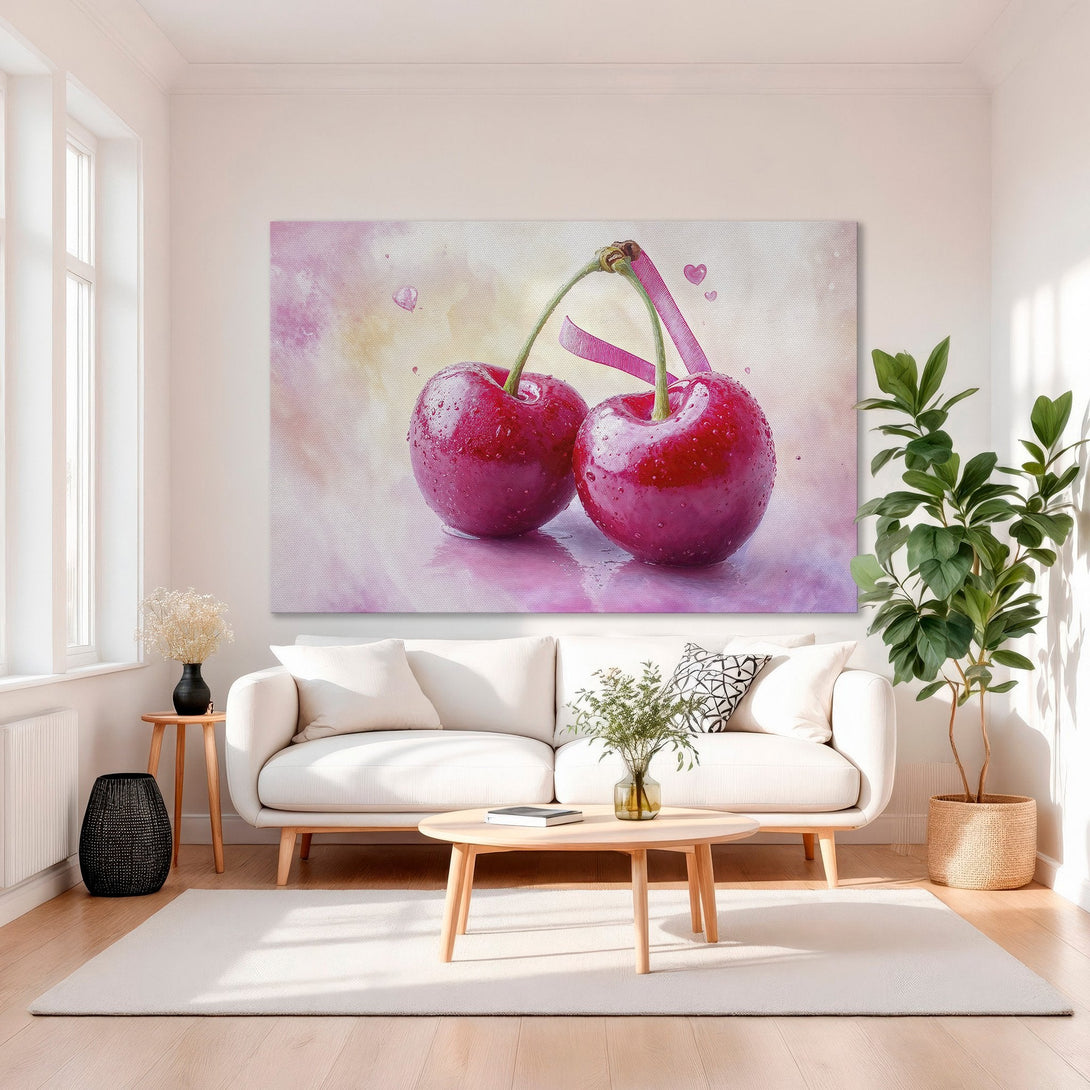 Framed Wall Art: Watercolor cherries in pink & red hues. Modern art for the home. Canvas print with gold frame, adding a touch of elegance to any space.